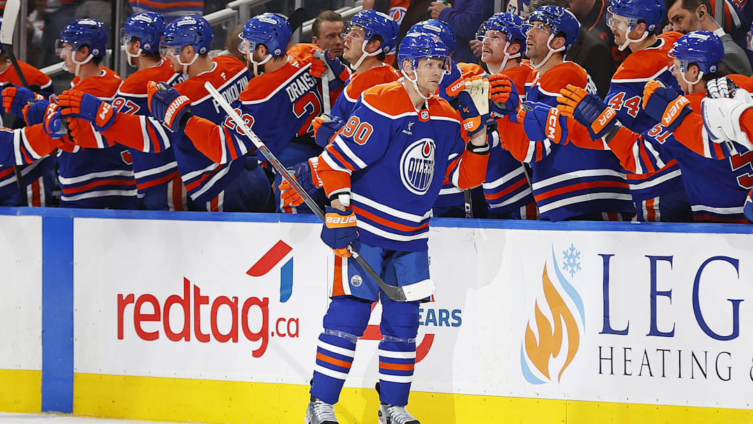 Nov 21, 2024; Edmonton, Alberta, CAN; The Edmonton Oilers celebrate a goal scored by forward Corey Perry (90) during the second period against the Minnesota Wild at Rogers Place. Mandatory Credit: Perry Nelson-Imagn Images