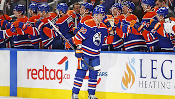 Nov 21, 2024; Edmonton, Alberta, CAN; The Edmonton Oilers celebrate a goal scored by forward Corey Perry (90) during the second period against the Minnesota Wild at Rogers Place. Mandatory Credit: Perry Nelson-Imagn Images