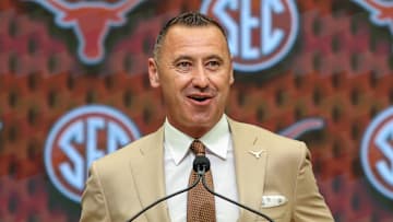 Jul 15, 2025; Atlanta, GA, USA; Texas Longhorns head coach Steve Sarkisan talks to the media during SEC Media Days at Omni Atlanta Hotel. Mandatory Credit: Jordan Godfree-Imagn Images