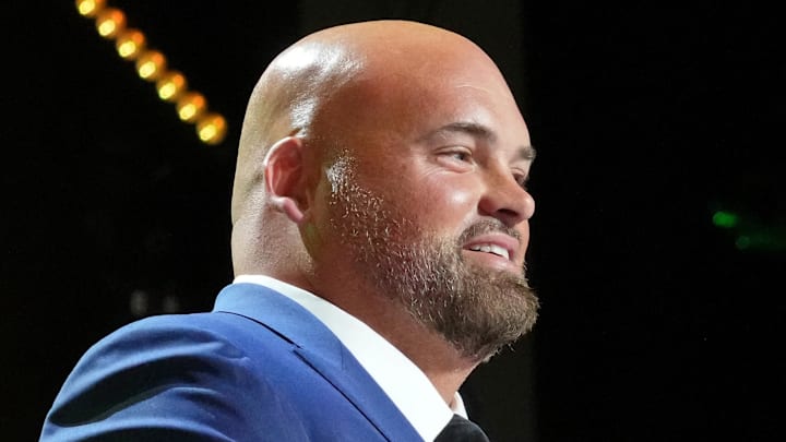 Walter Payton NFL Man of the Year, Los Angeles Rams offensive tackle Andrew Whitworth speaks during the first round of the 2022 NFL Draft Mandatory Credit: Kirby Lee-Imagn Images