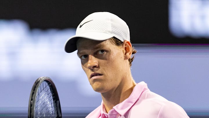 Jannik Sinner celebrates during his match at the Miami Open