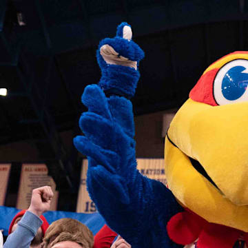 Kansas Jayhawks Big Jay hypes up the crowd in the second half of the game against Arizona State Sun Devils inside Allen Fieldhouse Wednesday, Jan. 8, 2025.