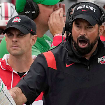 Ohio State Buckeyes head coach Ryan Day reacts to a call against the Rutgers Scarlet Knights.