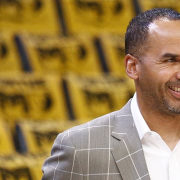 Apr 18, 2025; Memphis, Tennessee, USA; Dallas Mavericks general manager Nico Harrison watches warm ups prior to a game against the Memphis Grizzlies at FedExForum. Mandatory Credit: Petre Thomas-Imagn Images