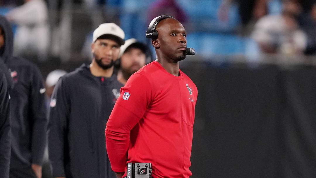 Aug 28, 2026; Charlotte, North Carolina, USA;  Houston Texans head coach DeMeco Ryans  looks on from the sideline during the second half against the Carolina Panthers at Bank of America Stadium.  Mandatory Credit: Jim Dedmon-Imagn Images