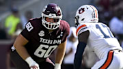 Texas A&M Aggies offensive lineman Trey Zuhn III (60) lines up during the first half against the Auburn Tigers at Kyle Field. 