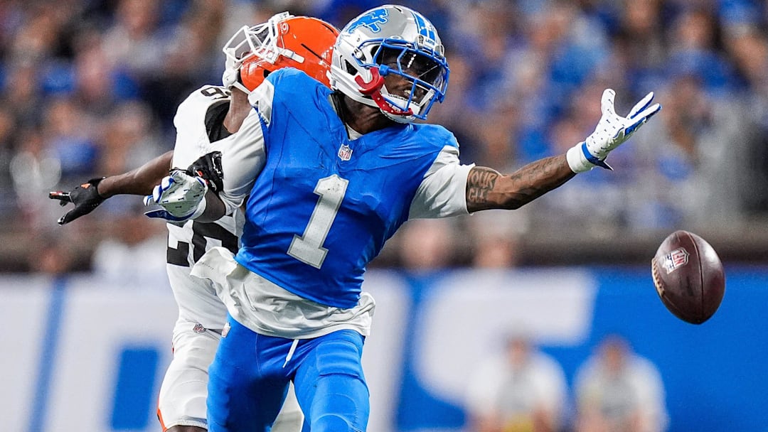Detroit Lions wide receiver Jameson Williams (1) tries to catch a pass intended for him against Cleveland Browns cornerback Myles Harden (26) during the second half at Ford Field in Detroit on Sunday, Sept. 28, 2025.