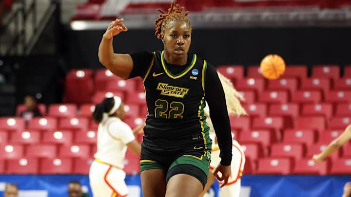 Mar 22, 2025; College Park, Maryland, USA; Norfolk State Spartans forward Kierra Wheeler (22) celebrates during the second half against the Maryland Terrapins at Xfinity Center. Mandatory Credit: Daniel Kucin Jr.-Imagn Images Mar 22, 2025; College Park, Maryland, USA; Norfolk State Spartans forward Kierra Wheeler (22) celebrates during the second half against the Maryland Terrapins at Xfinity Center. Mandatory Credit: Daniel Kucin Jr.-Imagn Images