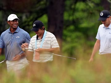 Tiger Woods, his son Charlie Woods and Jordan Spieth during a practice round for the U.S. Open at Pinehurst No. 2.