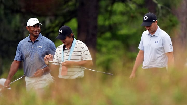 Tiger Woods, his son Charlie Woods and Jordan Spieth during a practice round for the U.S. Open at Pinehurst No. 2.