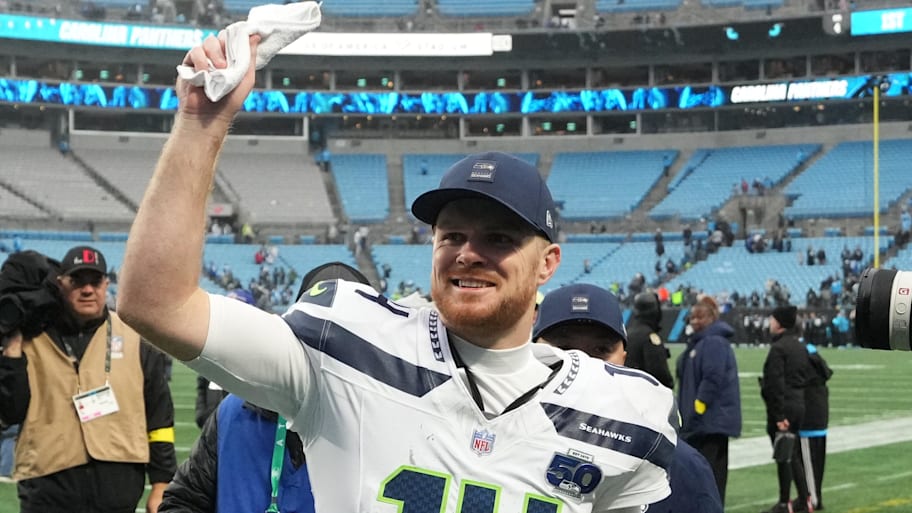 Seattle Seahawks quarterback Sam Darnold reacts after a win.