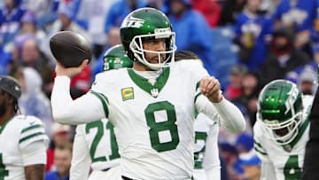 Dec 29, 2024; Orchard Park, New York, USA; New York Jets quarterback Aaron Rodgers (8) warms up prior to the game against the Buffalo Bills at Highmark Stadium. Mandatory Credit: Gregory Fisher-Imagn Images