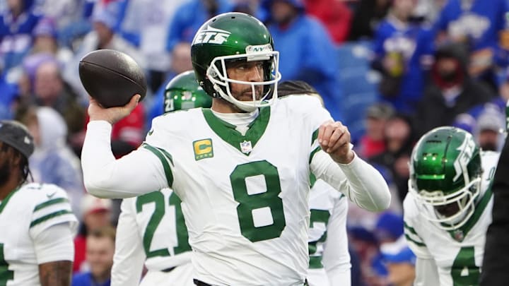 Dec 29, 2024; Orchard Park, New York, USA; New York Jets quarterback Aaron Rodgers (8) warms up prior to the game against the Buffalo Bills at Highmark Stadium. Mandatory Credit: Gregory Fisher-Imagn Images