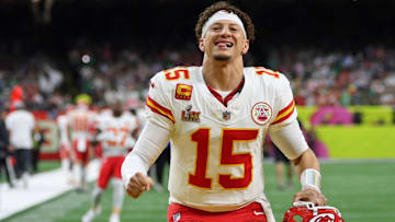 Kansas City Chiefs quarterback Patrick Mahomes (15) warms up before Super Bowl LIX between the Philadelphia Eagles and the Kansas City Chiefs at Caesars Superdome.