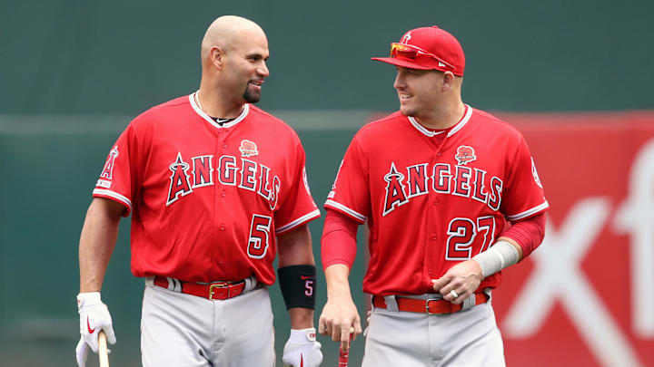 May 27, 2019; Oakland, CA, USA; Los Angeles Angels first baseman Albert Pujols (5) and center fielder Mike Trout (27) talk on the field before the game against the Oakland Athletics at Oakland Coliseum. Mandatory Credit: Darren Yamashita-Imagn Images May 27, 2019; Oakland, CA, USA; Los Angeles Angels first baseman Albert Pujols (5) and center fielder Mike Trout (27) talk on the field before the game against the Oakland Athletics at Oakland Coliseum. Mandatory Credit: Darren Yamashita-Imagn Images