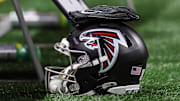 Aug 15, 2025; Atlanta, Georgia, USA; Atlanta Falcons helmet on the sideline against the Tennessee Titans in the first quarter at Mercedes-Benz Stadium. Mandatory Credit: Brett Davis-Imagn Images

