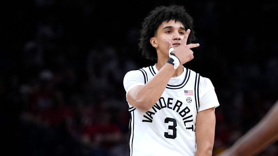 Vanderbilt guard Tyler Tanner celebrates after making a basket against McNeese.