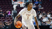 Uncasville, CT - Florida State Basketball guard Jamir Watkins handles the ball against the Temple Owls in the Naismith Hall of Fame Tip-Off