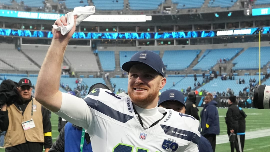 Dec 28, 2025; Charlotte, North Carolina, USA; Seattle Seahawks quarterback Sam Darnold (14) reacts after the game at Bank of America Stadium. Mandatory Credit: Bob Donnan-Imagn Images Dec 28, 2025; Charlotte, North Carolina, USA; Seattle Seahawks quarterback Sam Darnold (14) reacts after the game at Bank of America Stadium. Mandatory Credit: Bob Donnan-Imagn Images