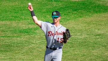Detroit Tigers outfielder Justice Bigbie warms up before playing for the Salt River Rafters in the