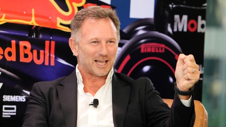 Christian Horner, Team Principal of Oracle Red Bull Racing, speaks at the Red Bull Fan Zone, a private event at Oracle headquarters, on Wednesday October 18, 2023.