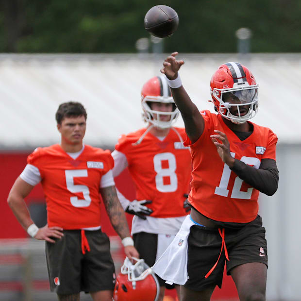Cleveland Browns quarterbacks Shedeur Sanders, Dillon Gabriel and Kenny Pickett