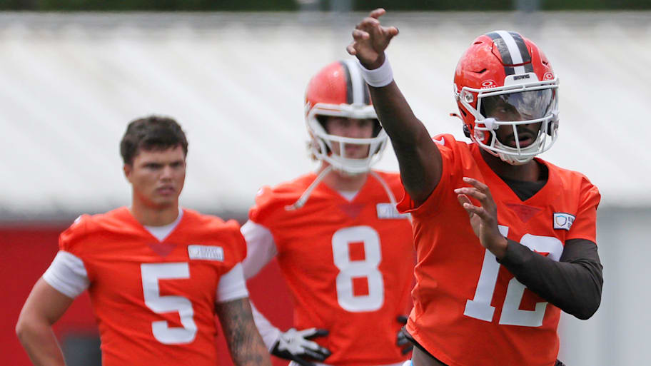 Cleveland Browns quarterbacks Shedeur Sanders, Dillon Gabriel and Kenny Pickett
