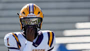 Dec 6, 2024; Birmingham, AL, USA; Jackson's Landon Duckworth (1) comes to the line of scrimmage to run a play against Cherokee County at Protective Stadium in the AHSAA 4A State Championship game.