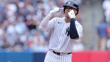 Jul 22, 2024; Bronx, New York, USA; New York Yankees right fielder Juan Soto (22) reacts after hitting a double against the Tampa Bay Rays during the fifth inning at Yankee Stadium. Mandatory Credit: Brad Penner-USA TODAY Sports