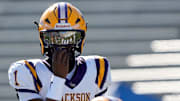 Dec 6, 2024; Birmingham, AL, USA; Jackson's Landon Duckworth (1) comes to the line of scrimmage to run a play against Cherokee County at Protective Stadium in the AHSAA 4A State Championship game.
