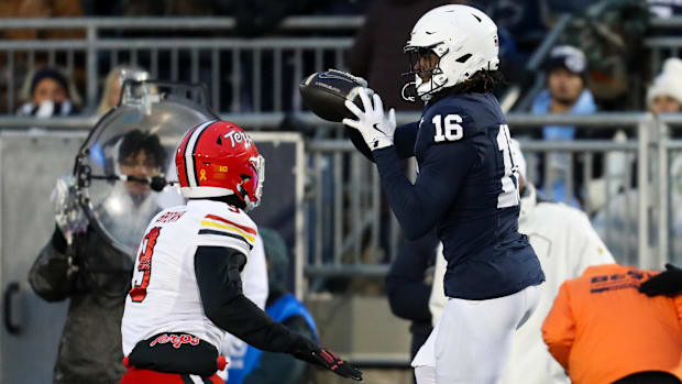 Penn State Nittany Lions tight end Khalil Dinkins makes a catch against the Maryland Terrapins in a Big Ten football game. 