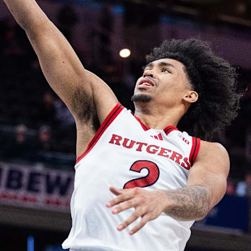 Mar 12, 2025; Indianapolis, IN, USA; Rutgers Scarlet Knights guard Dylan Harper (2)  shoots the ball in the second half against the USC Trojans at Gainbridge Fieldhouse. Mandatory Credit: Trevor Ruszkowski-Imagn Images