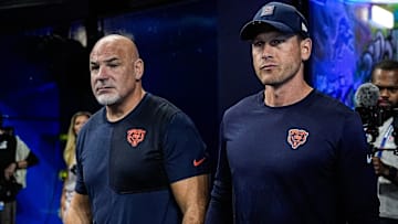 Chicago Bears head coach Ben Johnson walks out of the tunnel to watch warm up at Ford Field in Detroit on Sunday, Sept. 14, 2025.