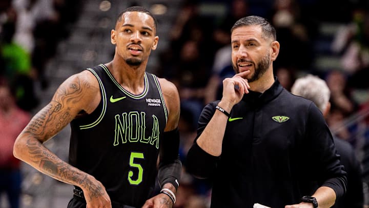 Mar 11, 2026; New Orleans, Louisiana, USA;  New Orleans Pelicans guard Dejounte Murray (5) talks to New Orleans Pelicans Interim Head Coach James Borrego against the Toronto Raptors during the second half at Smoothie King Center. Mandatory Credit: Stephen Lew-Imagn Images