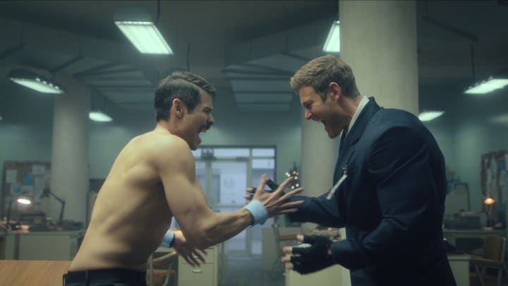 The Umbrella Academy. (L to R) David Castañeda as Diego Hargreeves, Tom Hopper as Luther Hargreeves in episode 405 of The Umbrella Academy. Cr. Courtesy of Netflix © 2024