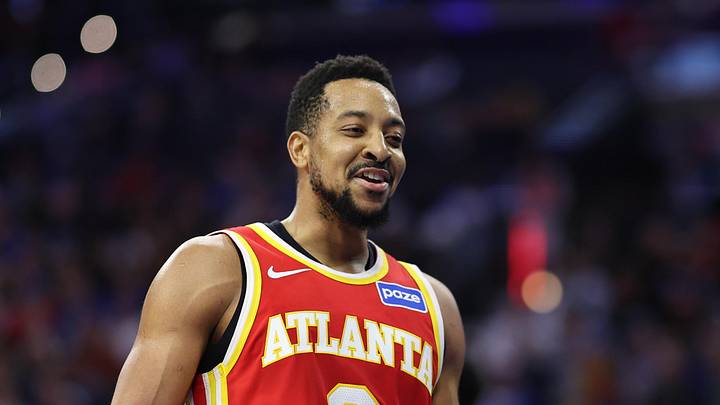 Feb 19, 2026; Philadelphia, Pennsylvania, USA; Atlanta Hawks guard CJ McCollum (3) smiles after a play against the Philadelphia 76ers during the third quarter at Xfinity Mobile Arena. Mandatory Credit: Bill Streicher-Imagn Images