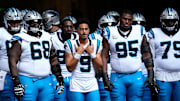 Nov 16, 2025; Atlanta, Georgia, USA; Carolina Panthers quarterback Bryce Young (9) prepares to enter the field before the game against the Atlanta Falcons at Mercedes-Benz Stadium. 