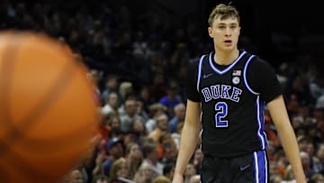 Feb 17, 2025; Charlottesville, Virginia, USA; Duke Blue Devils guard Cooper Flagg (2) stands on the court against the Virginia Cavaliers in the second half at John Paul Jones Arena. Mandatory Credit: Geoff Burke-Imagn Images