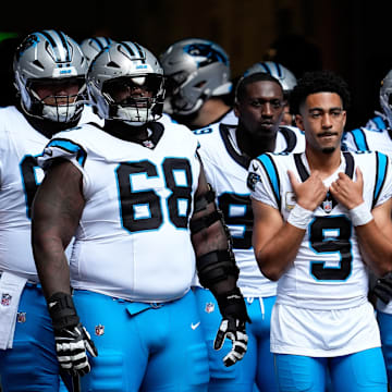 Nov 16, 2025; Atlanta, Georgia, USA; Carolina Panthers quarterback Bryce Young (9) prepares to enter the field before the game against the Atlanta Falcons at Mercedes-Benz Stadium. 