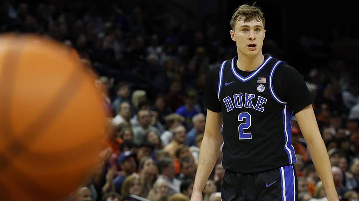 Feb 17, 2025; Charlottesville, Virginia, USA; Duke Blue Devils guard Cooper Flagg (2) stands on the court against the Virginia Cavaliers in the second half at John Paul Jones Arena. Mandatory Credit: Geoff Burke-Imagn Images