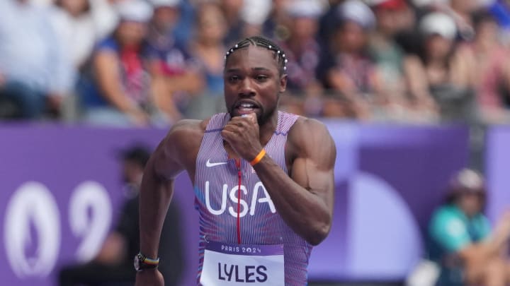 Aug 3, 2024; Paris, FRANCE; Noah Lyles (USA) in a men's 100m round 1 heat during the Paris 2024 Olympic Summer Games at Stade de France. Mandatory Credit: Kirby Lee-USA TODAY Sports