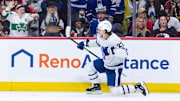Apr 26, 2025; Ottawa, Ontario, CAN; Toronto Maple Leafs left wing Matthew Knies (23) celebrates his goal scored in the second period against the  Ottawa Senators in game four of the first round of the 2025 Stanley Cup Playoffs at Canadian Tire Centre. Mandatory Credit: Marc DesRosiers-Imagn Images