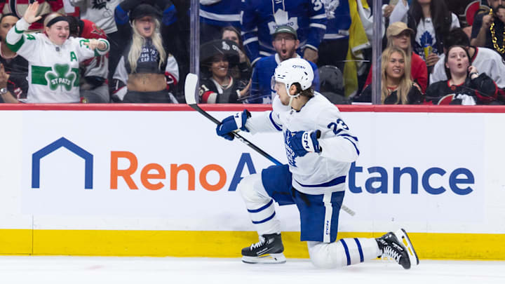 Apr 26, 2025; Ottawa, Ontario, CAN; Toronto Maple Leafs left wing Matthew Knies (23) celebrates his goal scored in the second period against the  Ottawa Senators in game four of the first round of the 2025 Stanley Cup Playoffs at Canadian Tire Centre. Mandatory Credit: Marc DesRosiers-Imagn Images