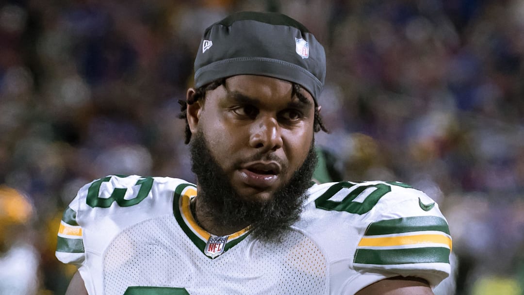 Oct 30, 2022; Orchard Park, New York, USA; Green Bay Packers offensive tackle Rasheed Walker (63) on the sidelines during a game against the Buffalo Bills at Highmark Stadium. Mandatory Credit: Mark Konezny-Imagn Images