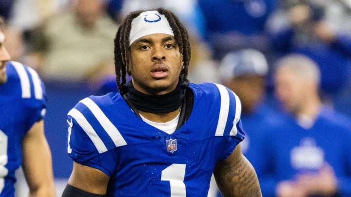 Dec 31, 2023; Indianapolis, Indiana, USA; Indianapolis Colts wide receiver Josh Downs (1) during warmups before the game against the Las Vegas Raiders  at Lucas Oil Stadium. Mandatory Credit: Trevor Ruszkowski-USA TODAY Sports