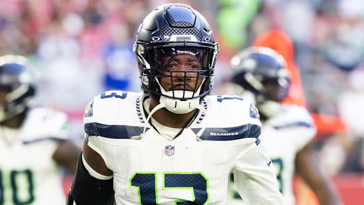 Dec 8, 2024; Glendale, Arizona, USA; Seattle Seahawks linebacker Ernest Jones IV (13) against the Arizona Cardinals at State Farm Stadium. Mandatory Credit: Mark J. Rebilas-Imagn Images Dec 8, 2024; Glendale, Arizona, USA; Seattle Seahawks linebacker Ernest Jones IV (13) against the Arizona Cardinals at State Farm Stadium. Mandatory Credit: Mark J. Rebilas-Imagn Images