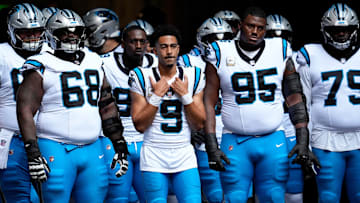 Nov 16, 2025; Atlanta, Georgia, USA; Carolina Panthers quarterback Bryce Young (9) prepares to enter the field before the game against the Atlanta Falcons at Mercedes-Benz Stadium.