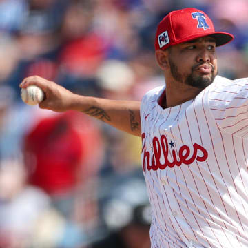 Mar 8, 2025; Clearwater, Florida, USA; Philadelphia Phillies pitcher Jose Ruiz (66) throws a pitch against the Toronto Blue Jays in the fifth inning during spring training at BayCare Ballpark