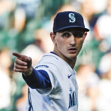 Seattle Mariners starting pitcher George Kirby (68) reacts following an out against the Kansas City Royals to end the top of the first inning at T-Mobile Park on June 30. 