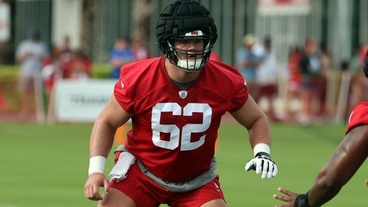 Jul 25, 2024; Tampa, FL, USA;  Tampa Bay Buccaneers center Graham Barton (62) works out during training camp at AdventHealth Training Center. Mandatory Credit: Kim Klement Neitzel-USA TODAY Sports